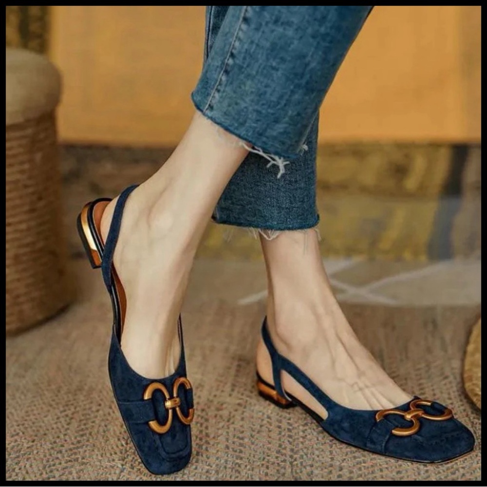 Chic Navy Blue Suede Sandals with Gold Detail. Size 8.